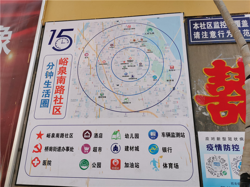不少社区推出了"15分钟生活圈"导向图,彩色导向图张贴在居民小区门口